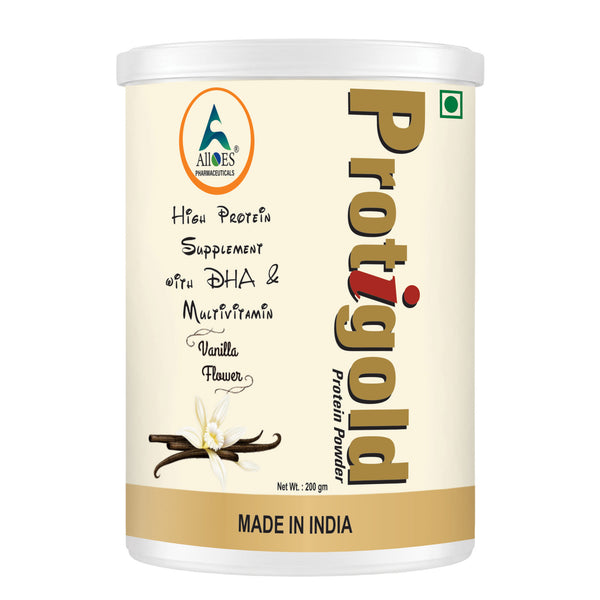 Alloes Protigold Protein Powder with DHA,Multivitamins and high protein supplement | 200GM-Vanilla Flavour