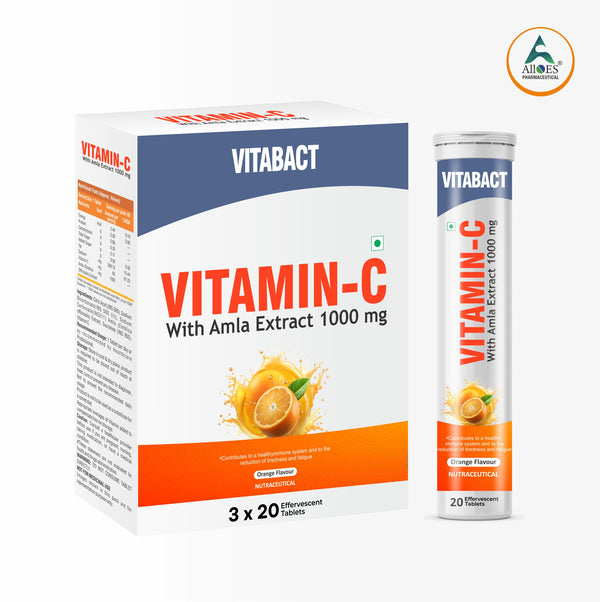 Vitabact Vitamin C 1000mg with Amla Extract | 20 Effervescent Tablets | Orange Flavour | Immunity Booster & Antioxidant Support | Sugar-Free | Vegan | Fast Absorption